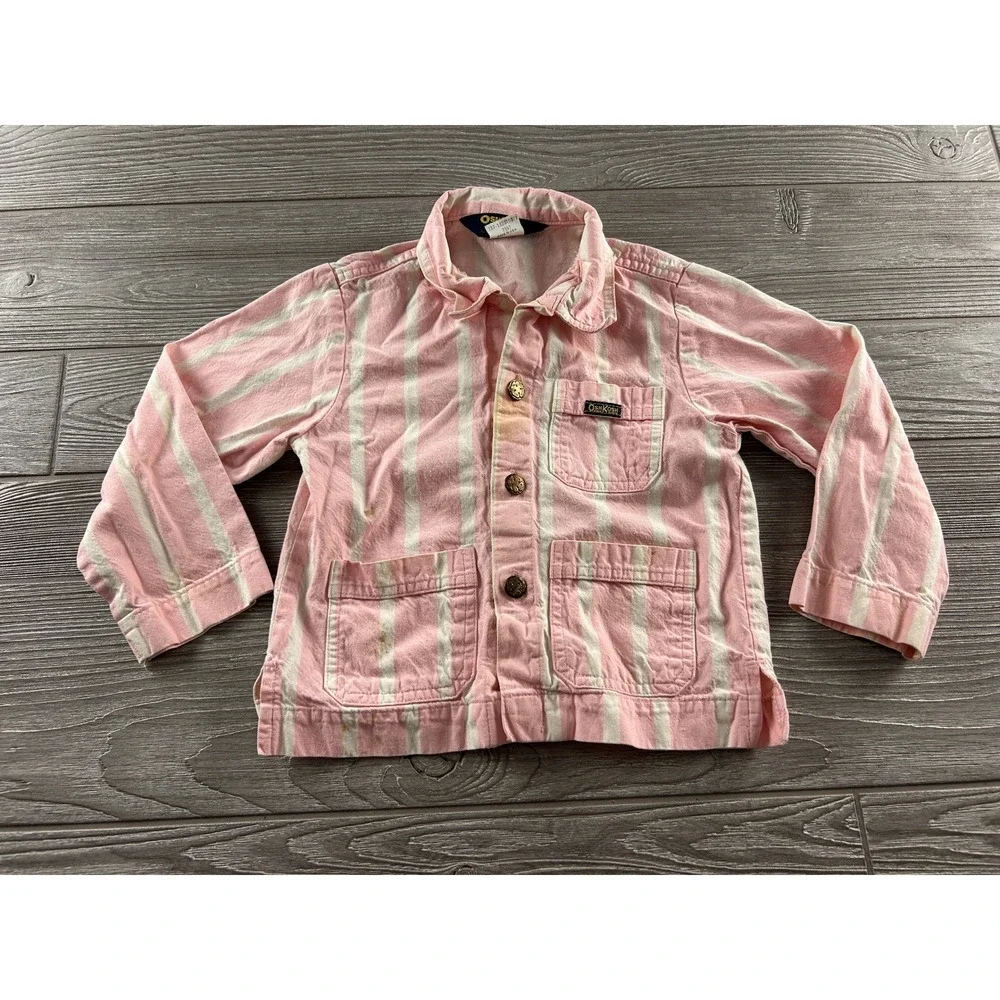 Vintage OshKosh Bgosh Pink White Stripe Chore Jacket Kids Size 5 Made in USA